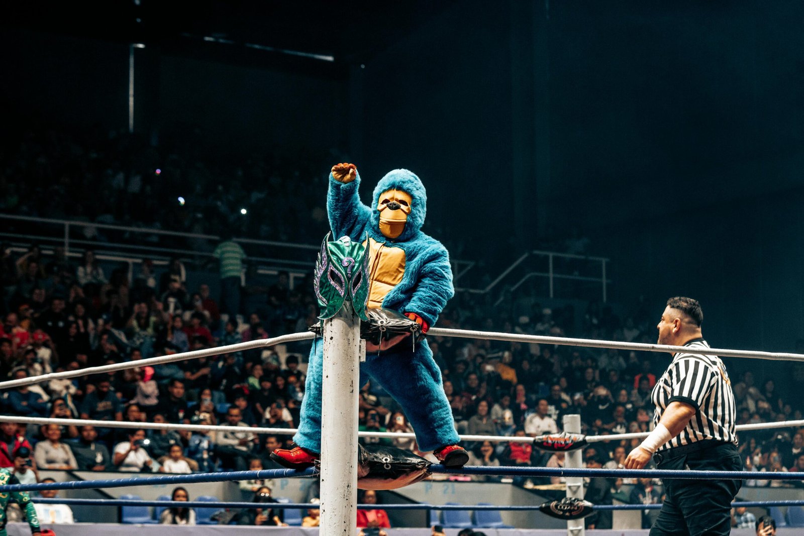Colorful lucha libre match featuring mascots and referee in Mexico.